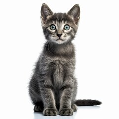 Obraz premium a gray kitten with blue eyes sitting on a white background
