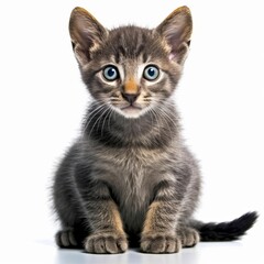 a gray kitten with blue eyes sitting on a white background