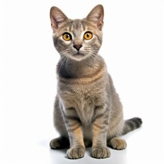 a gray tabby cat is sitting on a white background