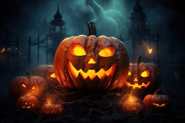 Fototapeta premium Halloween pumpkin head jack lantern with candles on dark background. Halloween concept.Generative Ai