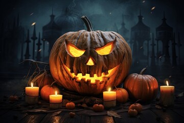 Obraz premium Halloween pumpkin head jack lantern with candles on dark background. Halloween concept.Generative Ai