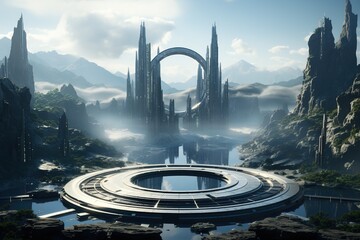 Fantastic world of the future, fantasy modern city in the mountains on a sunny day
