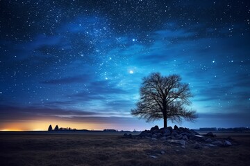 a lone tree in the middle of a field under a starry sky - Powered by Adobe
