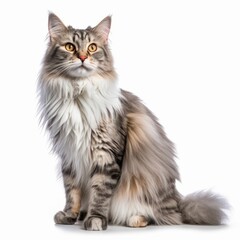 a long haired cat sitting in front of a white background