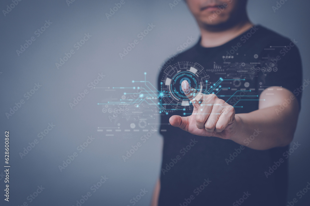 Aufkleber businessman scan fingerprint biometric identity and approval. concept of the future of security and 