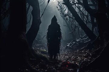 a man in a dark forest with a creepy face standing in the middle of the woods - Powered by Adobe