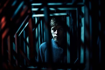 a man in a dark room looking through a cage