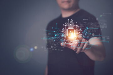 AI Technology, Smart Devices, Internet of Things. Male hand touching AI Technology concept with...