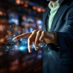 Men hand pointing finger and reach out for contact for customer service or purchase order from online shopping. Global marketing that allow business to connect with insight customer data, e-commerce, 