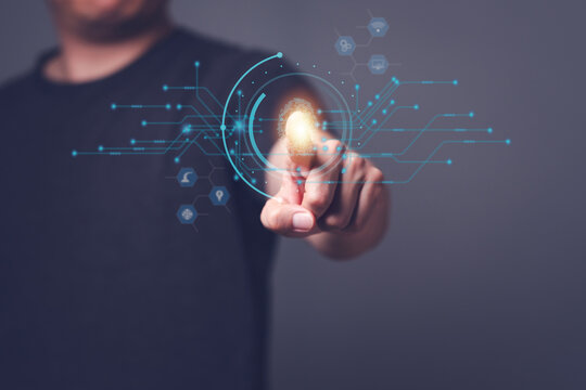 Man scan fingerprint biometric identity and approval. Secure access granted by valid fingerprint scan, cyber security on internet of digital program futuristic applications cybernetic business