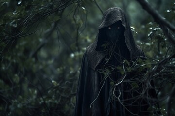 a man in a hooded robe standing in the woods