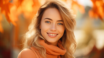 a caucasian woman model front view facing the camera . scene in autumn park