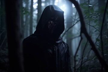 a man in a hooded robe stands in the woods
