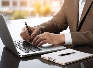 Close-up of unrecognizable businessman with smart watch sitting at desk and using wireless mouse and keyboard. Created with Generative AI technology.