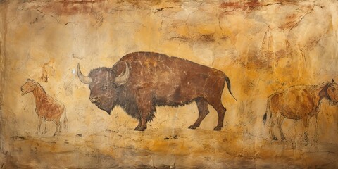 AI Generated. AI Generative. Primitive historical stone cave wall drawing art of big bison. Drawing painting ancient art. Graphic Illustration