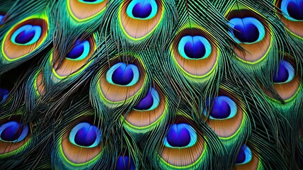 A close-up of a peacock feather with intricate and beautiful patterns and colors.