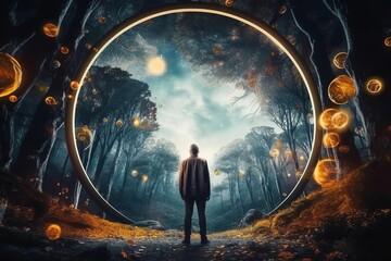 a man standing in front of an open circle in a forest - Powered by Adobe