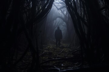 a man standing in the middle of a dark forest