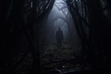 Rolgordijnen Mistige ochtendstond a man standing in the middle of a dark forest