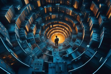 a man standing in the middle of a spiral tunnel