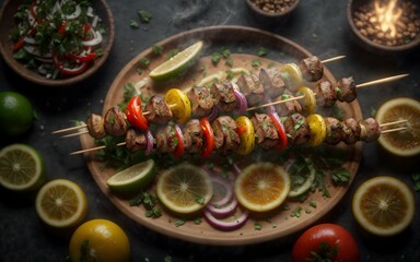 Fototapeta na wymiar Grilled shashlik, kebab with vegetables, generative ai