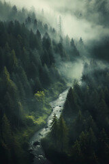 Foggy forest with river