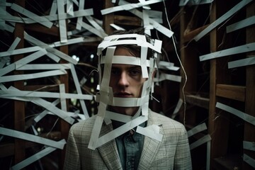 a man wearing a paper mask in front of a pile of paper