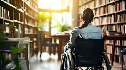 Portrait back view of disabled student in wheelchair choosing books while studying in college library.