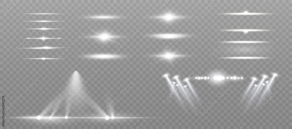 Poster set of white light spotlights, flashes of light on a transparent background. vector glowing light ef