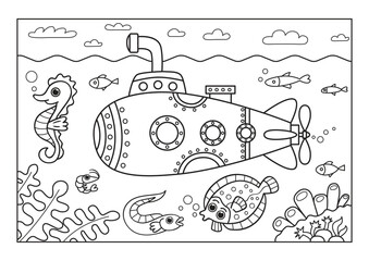 A submarine floats under water. Fish and seahorse swim around. There are many plants at the bottom. Black and white vector illustration for coloring book.