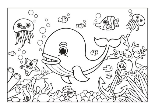 A cute whale surrounded by fish, octopus and a starfish. Plants grow on the bottom and the ship's anchor lies in the water. Black and white vector illustration for coloring book.
