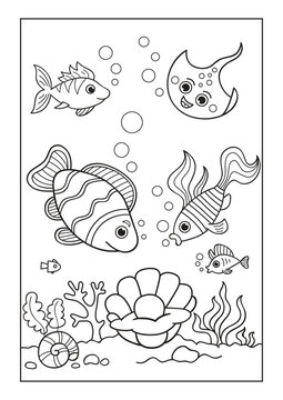 Fish and rays swim under the water. At the bottom is a shell with a pearl. Black and white vector illustration for coloring book.