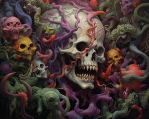 a painting of a skull surrounded by colorful tentacles
