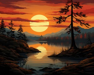 a painting of a sunset over a lake with trees