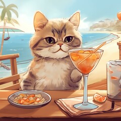 Cat at the Beach Enjoying a Fruit Cocktail. Generative AI.