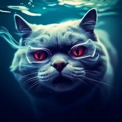 Blue Cat with Red Eyes and Goggles Diving in Blue Water. Generative AI.