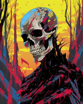 a painting of a skull with blood splattered on it