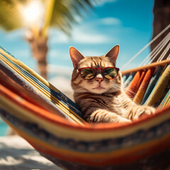 Cat in Hammock with Red Sunglasses. Generative AI.