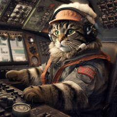 Focused Feline Aviator: Cat Pilot in the Cockpit. Generative AI.