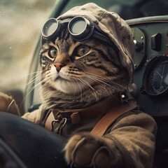 Vintage Aviator: Cat Pilot in Cockpit. Generative AI.