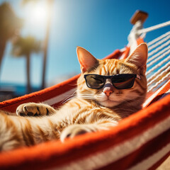 Chill Cat in Shades: Relaxing in a Hammock with Palm Trees and Sunshine. Generative AI.