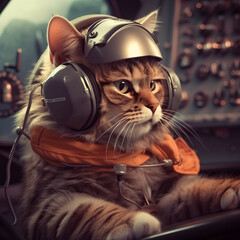 Aviator Feline: Cat Pilot with Headphones in the Cockpit. Generative AI.