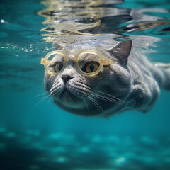 Playful Gray Cat Dives into Blue Waters with Beige Glasses. Generative AI.