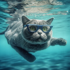 Playful Gray Cat Explores the Underwater World. Generative AI.