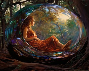 a painting of a woman sitting in a glass ball in the woods