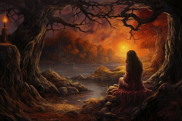 a painting of a woman sitting in the woods at sunset