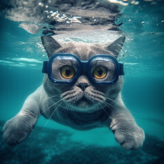 Adventurous Gray Cat: Diving into Blue Waters with Goggles. Generative AI.