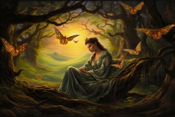 a painting of a woman sitting in the woods surrounded by butterflies