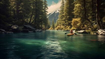 travel lake water boat river landscape person nature scenic outdoors. Generative AI.