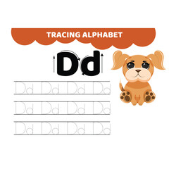 Worksheet for learning alphabet. Tracing letter D with cute cartoon unicorn. Educational worksheet for kids